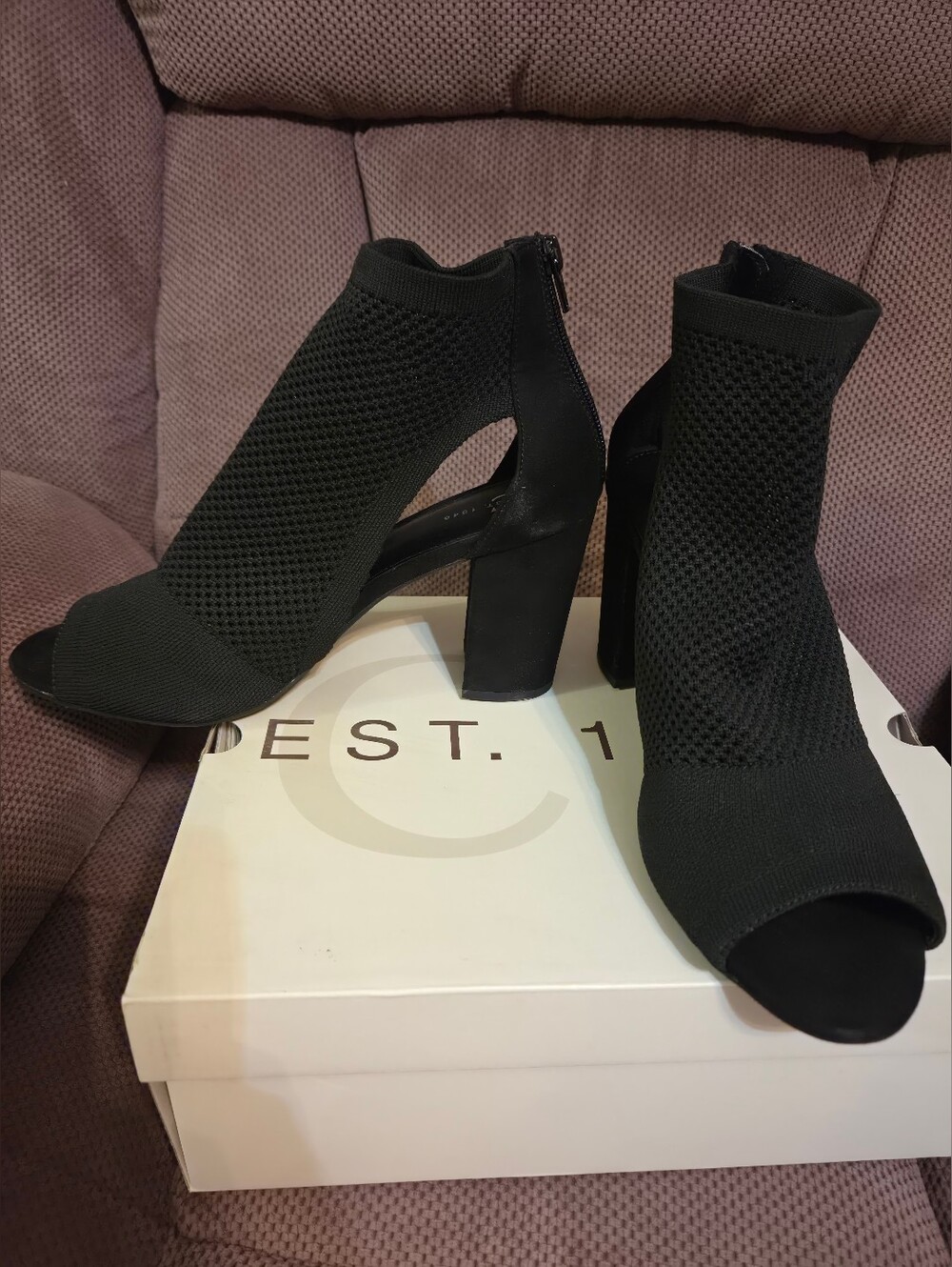 Black Peep-Toe Knit Block Heel Booties